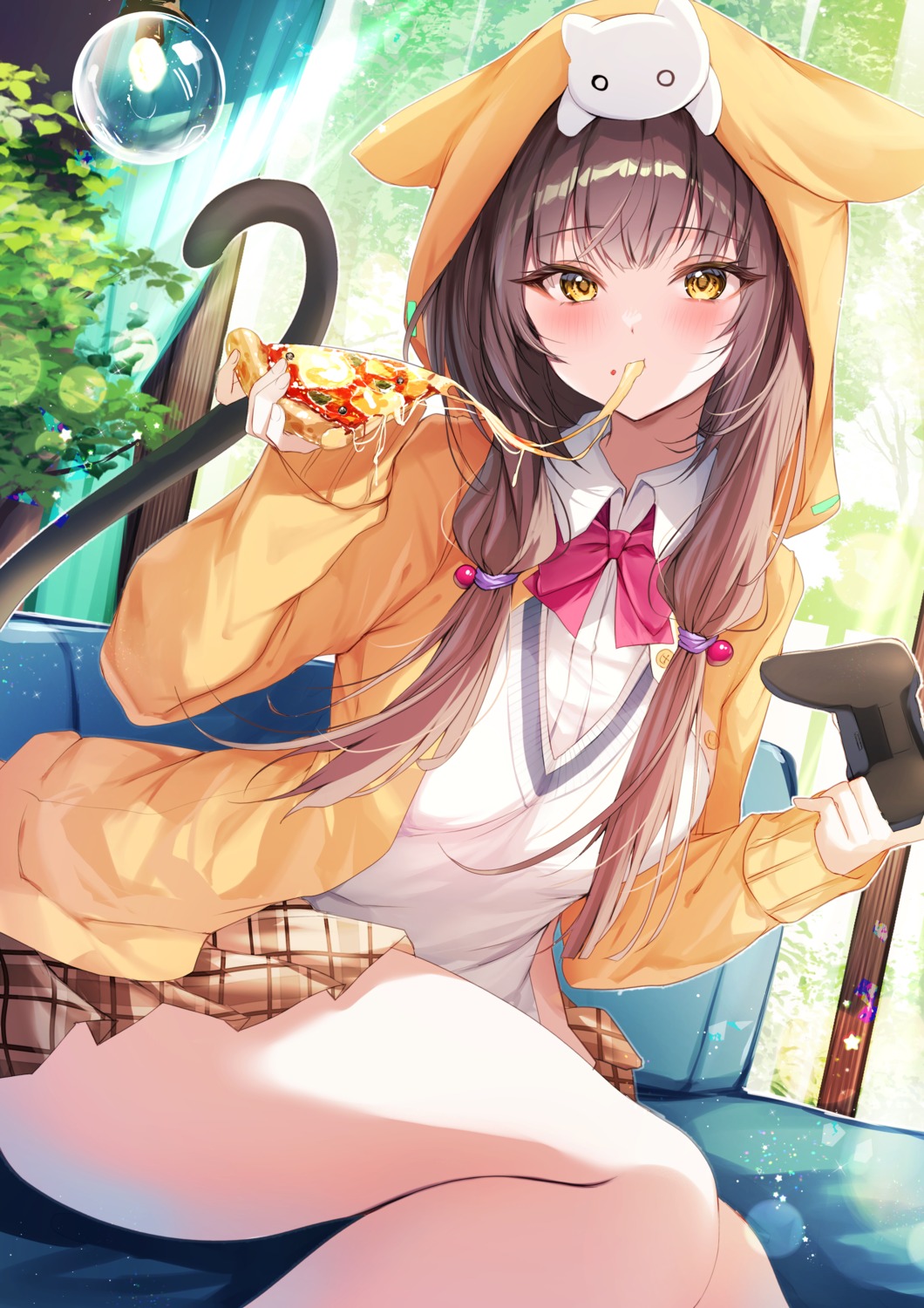 animal_ears, asakura_karen_(heaven_burns_red), cream, heaven_burns_red, nekomimi, nenobi_(nenorium), seifuku, skirt_lift