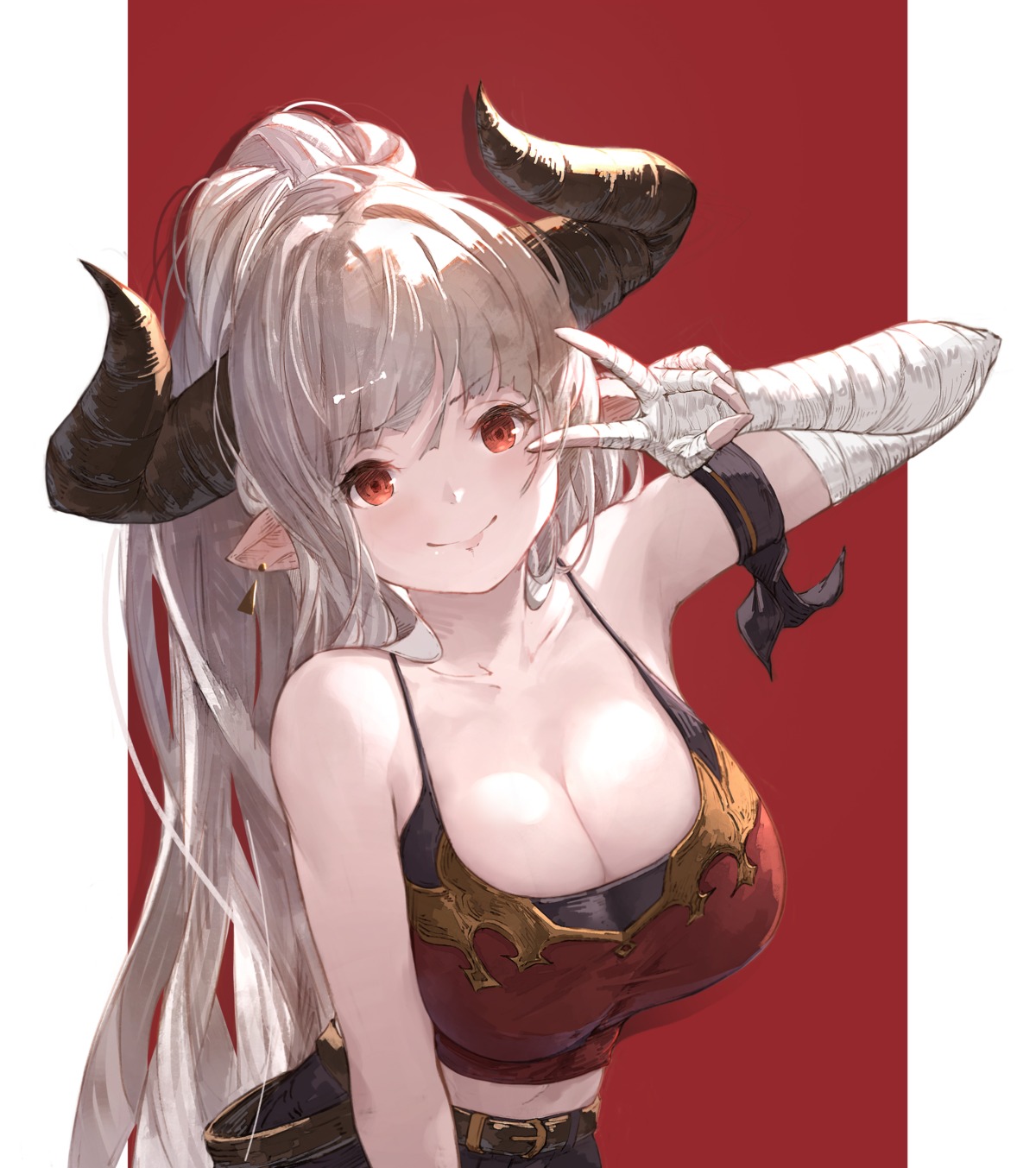 aleeza_(granblue_fantasy), bandages, cleavage, granblue_fantasy, horns, pointy_ears, yu_pian