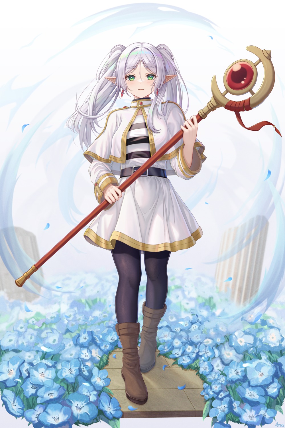 arus, dress, elf, frieren, pantyhose, pointy_ears, sousou_no_frieren, weapon