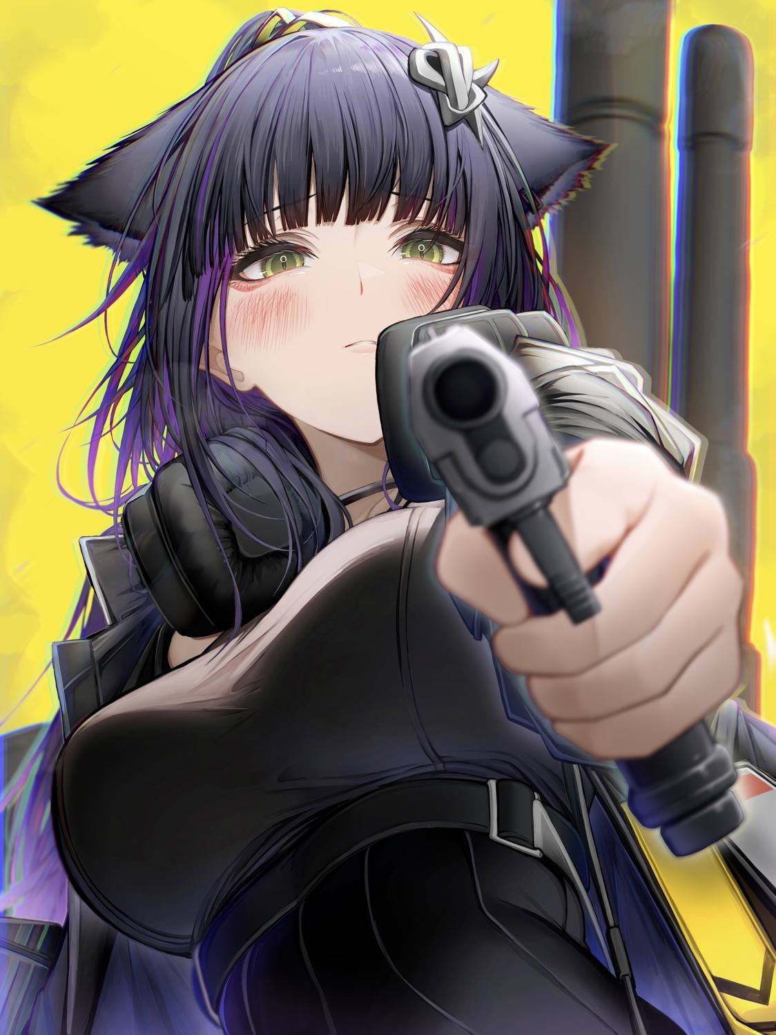 animal_ears, arknights, gun, headphones, jessica_(arknights), nekomimi, tab_head