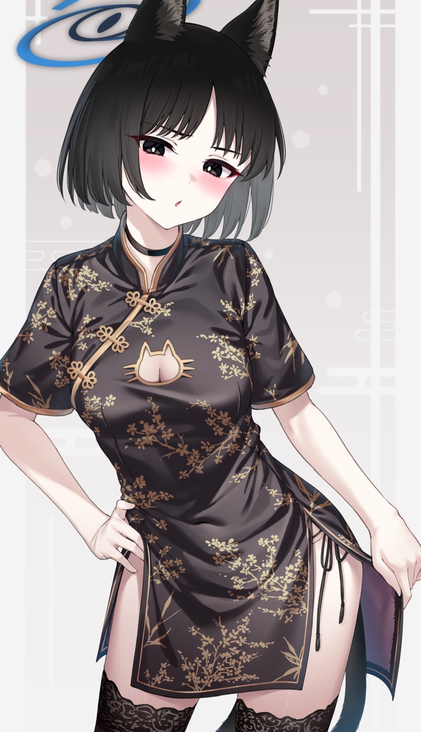 animal_ears, asian_clothes, blue_archive, cleavage, halo, kiryuu_kikyou, nekomimi, pantsu, pizza_(artist), string_panties, tail, thighhighs