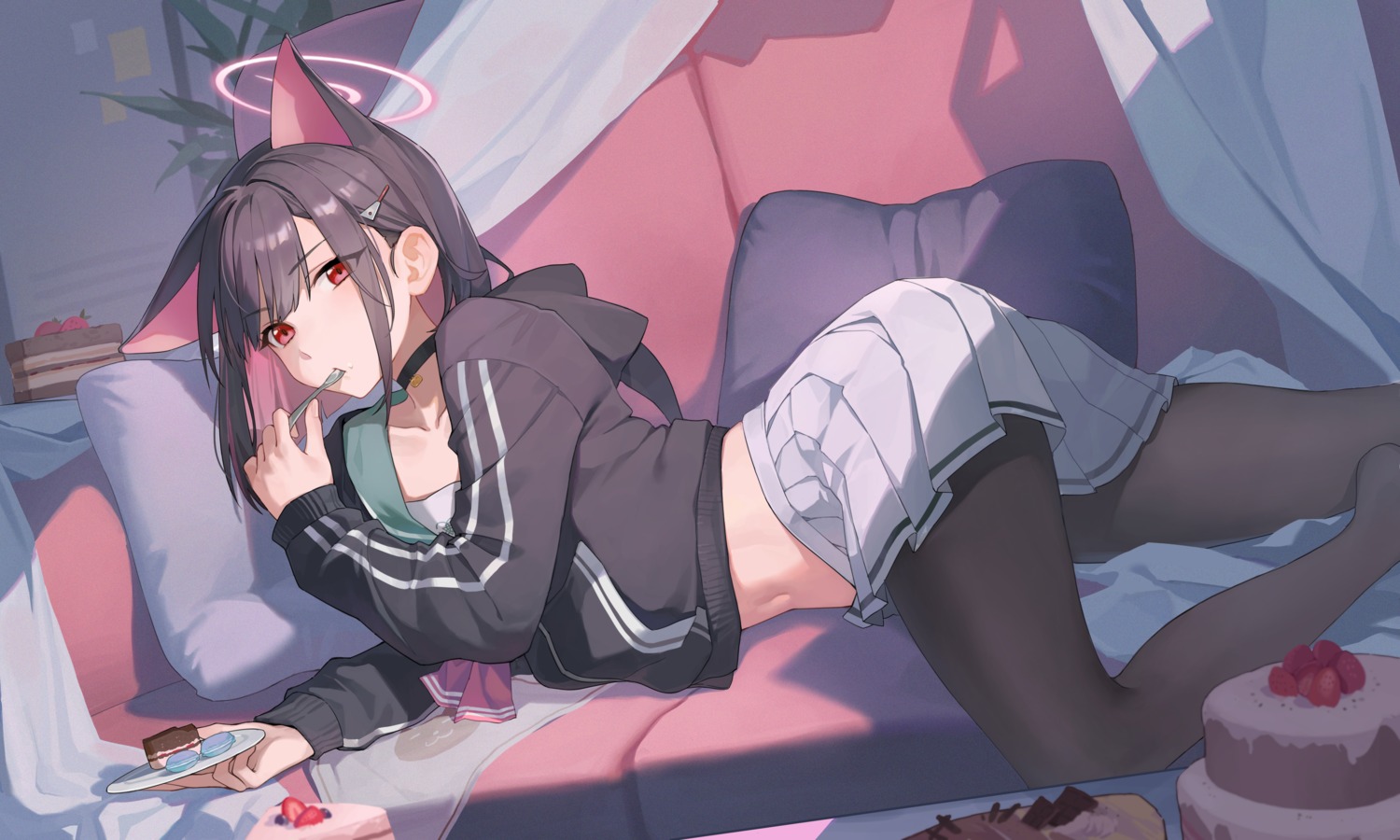 animal_ears, blue_archive, broken_(7589468), halo, kyouyama_kazusa, nekomimi, pantyhose, seifuku