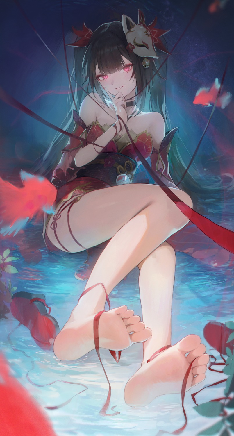 artist_revision, feet, garter, honkai:_star_rail, japanese_clothes, sparkle, tattoo, wet, yonesdraws