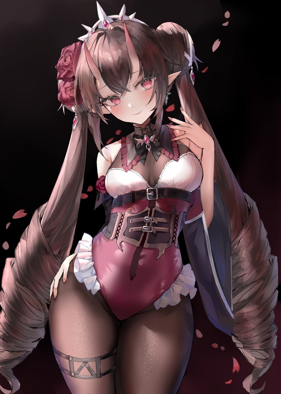 garter, horns, leotard, matsuno_noir, no_bra, pantyhose, pointy_ears, raiya_atelier