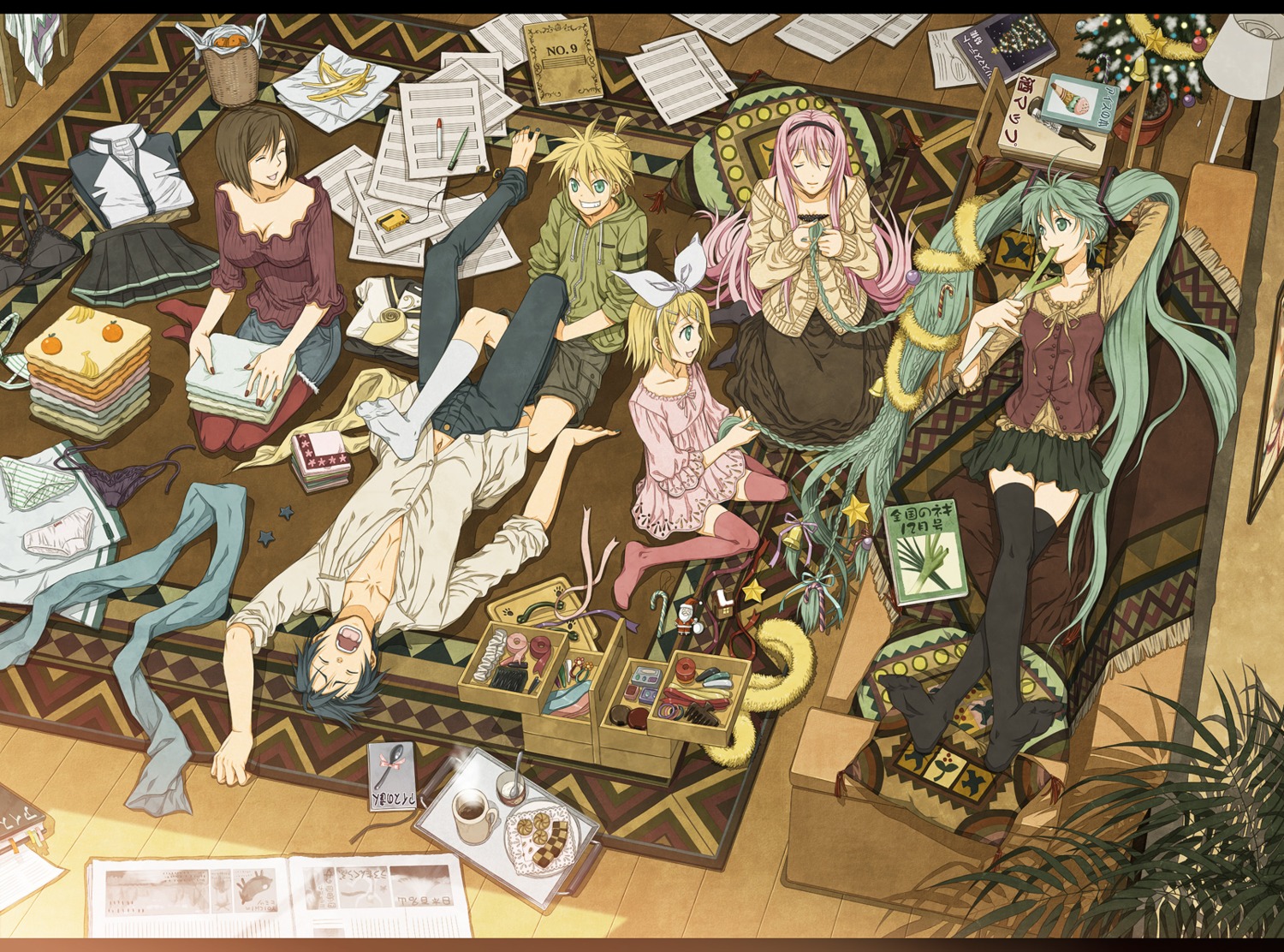 dress, hatsune_miku, kagamine_len, kagamine_rin, kaito, megurine_luka, meiko, thighhighs