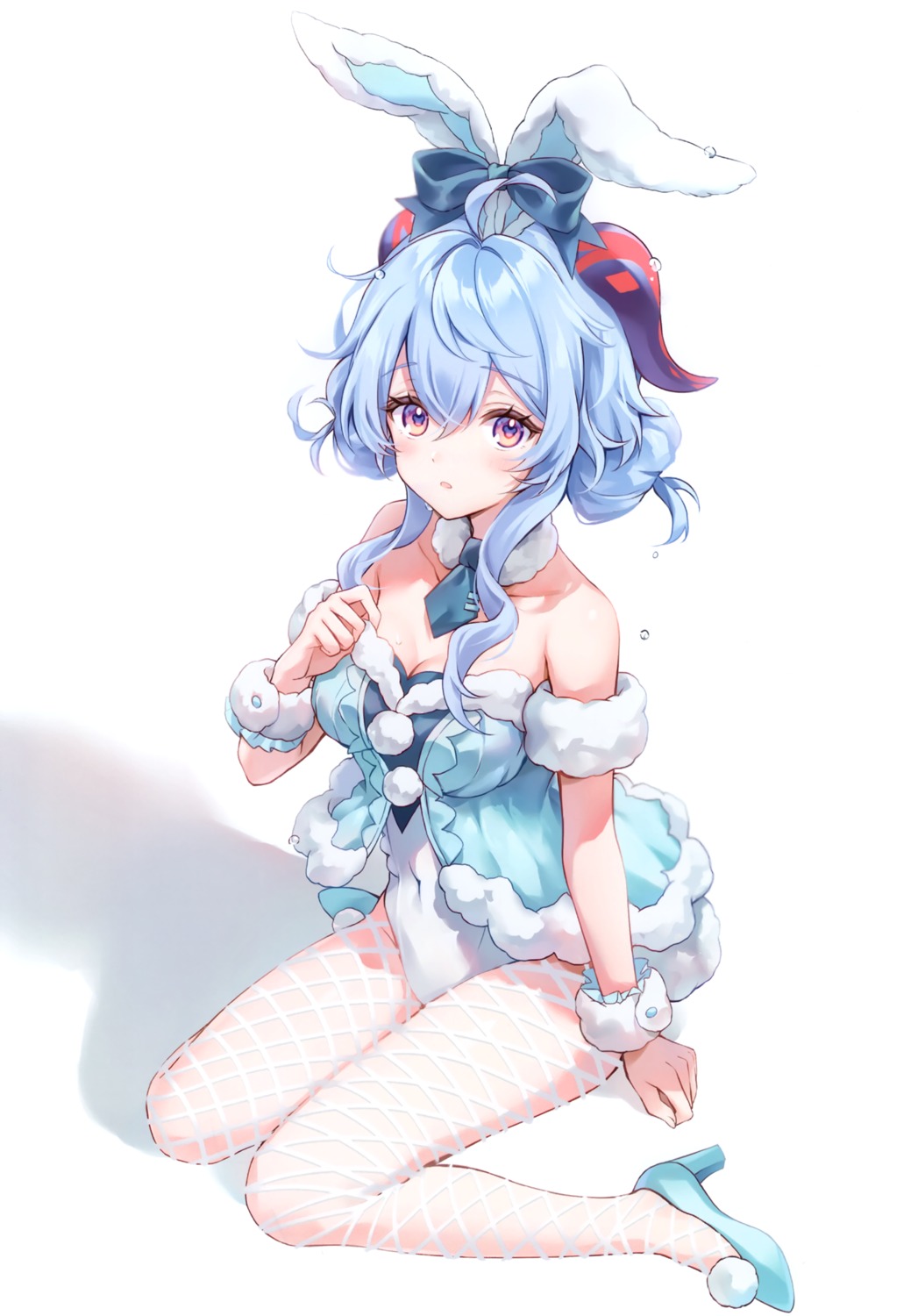 amaki_ruto, animal_ears, bunny_ears, bunny_girl, fishnets, ganyu, genshin_impact, heels, horns, no_bra, pantyhose, tail