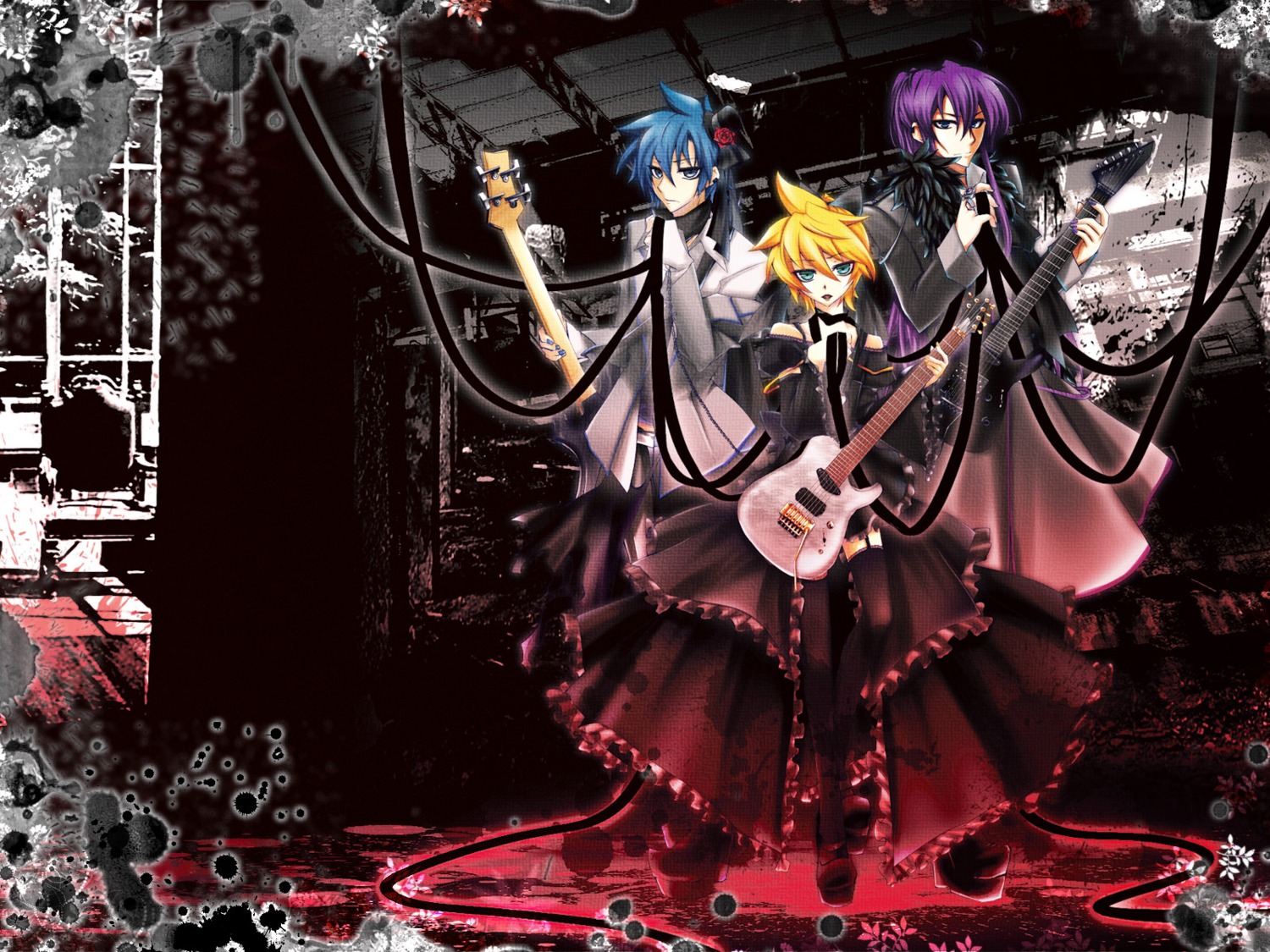 crossdress, guitar, haru_aki, imitation_black_(vocaloid), kagamine_len, kaito, kamui_gakupo, male