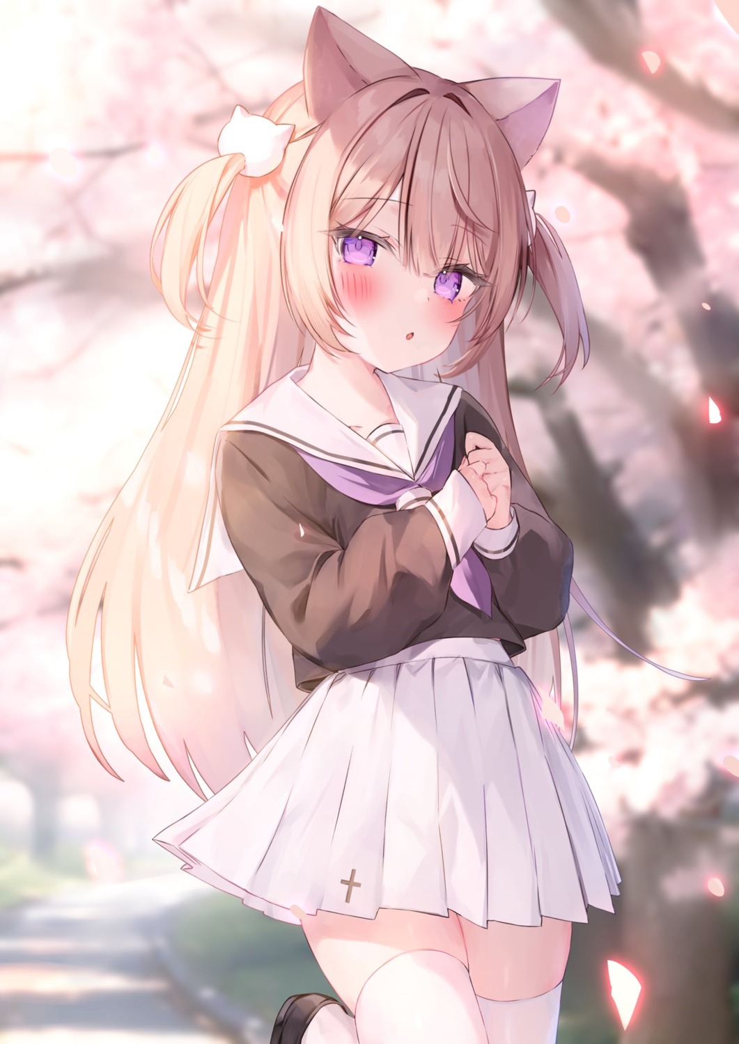 animal_ears, hakua, indie_virtual_youtuber, minaneko_mai, nekomimi, seifuku, skirt_lift, thighhighs