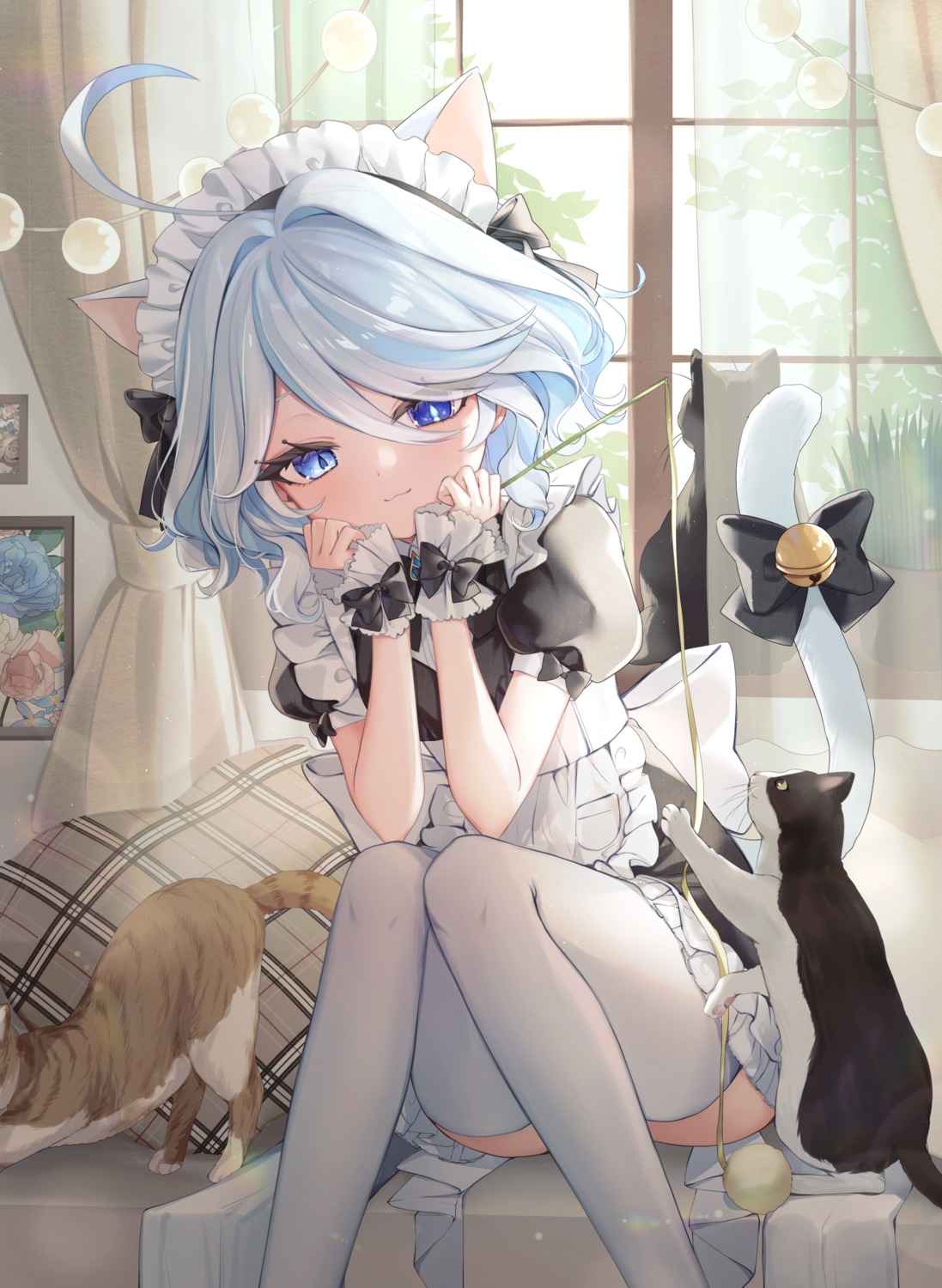animal_ears, furina, genshin_impact, heterochromia, ineka, maid, neko, nekomimi, skirt_lift, tail, thighhighs