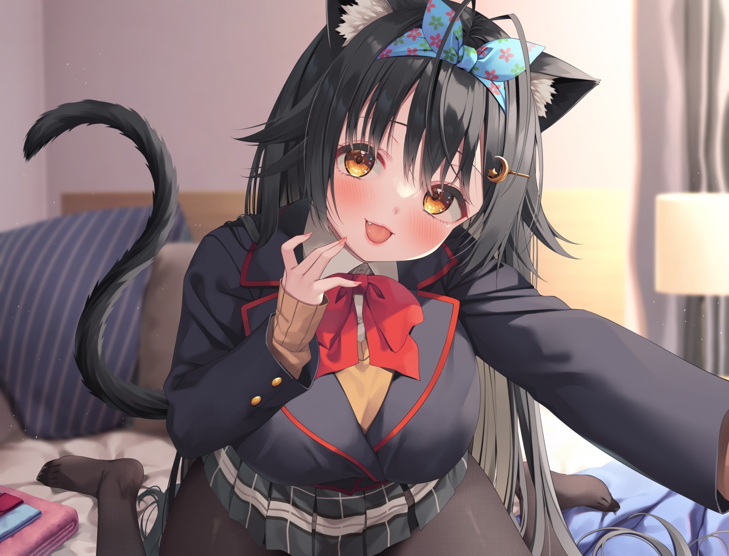 animal_ears, asa_no_ha, nekomimi, pantyhose, seifuku, selfie, sweater, tail, whisp