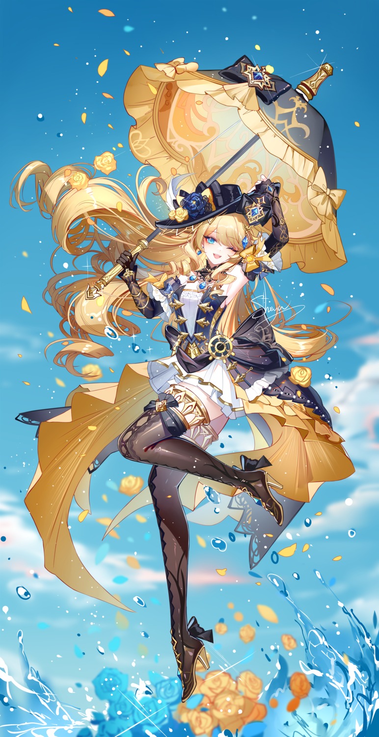 dress, genshin_impact, heels, navia, sheya, thighhighs, umbrella