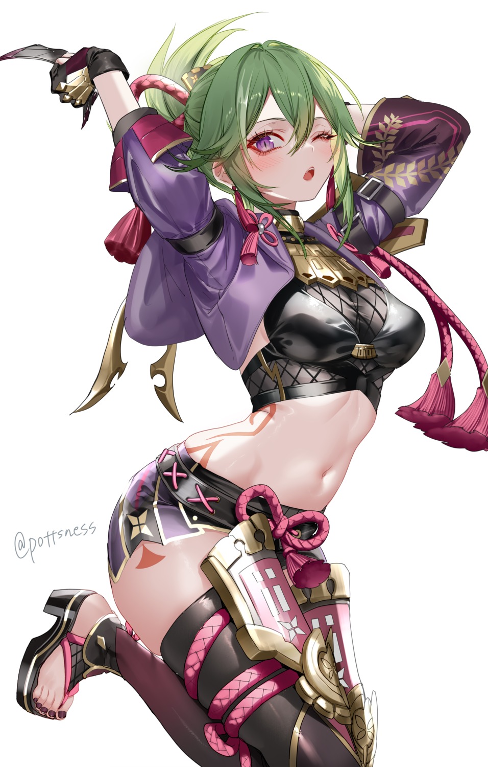 armor, fishnets, garter, genshin_impact, heels, kuki_shinobu, ninja, pottsness, tattoo, thighhighs, weapon