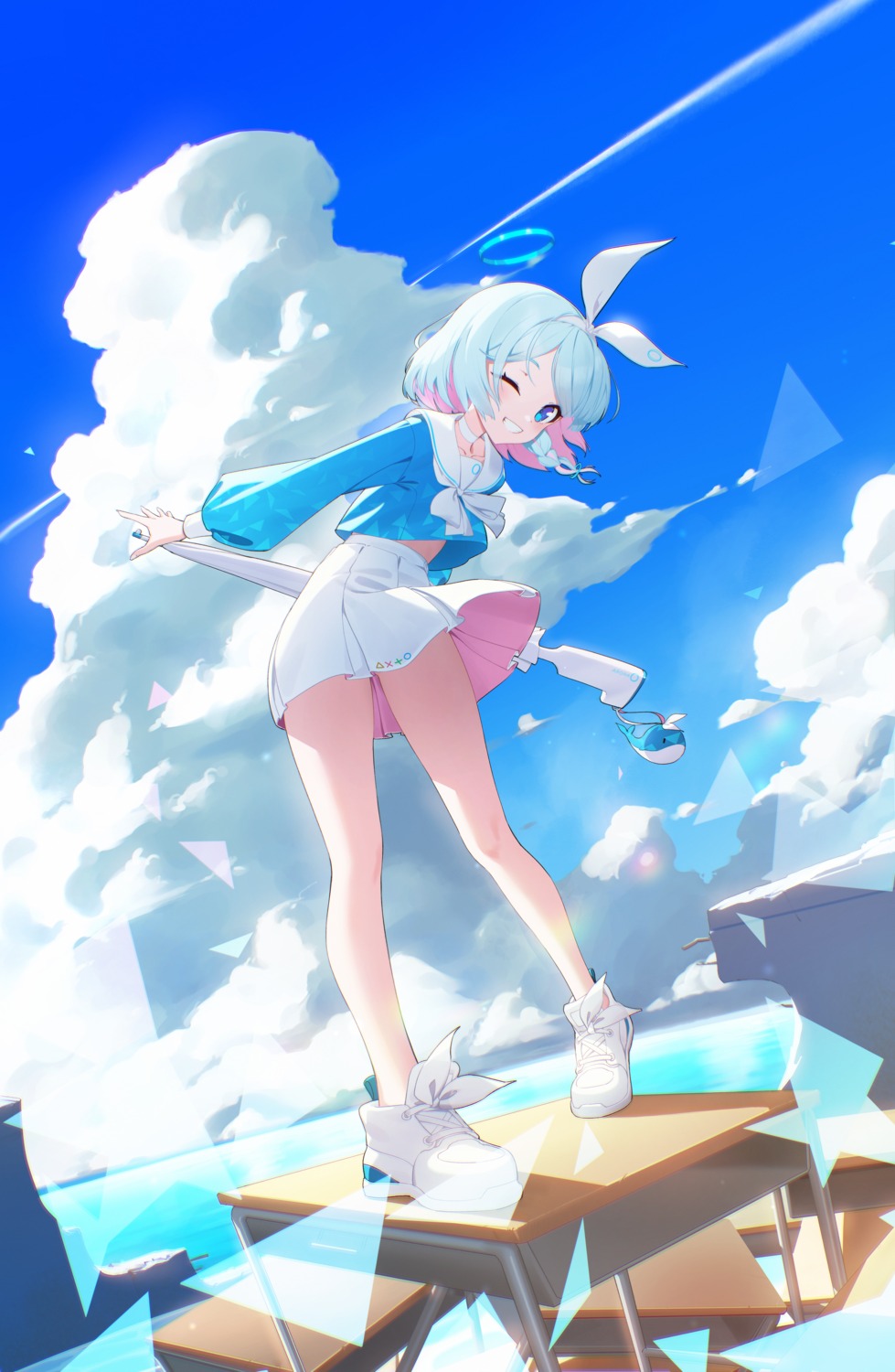 arona_(blue_archive), blue_archive, gun, halo, pjman, seifuku, skirt_lift, umbrella