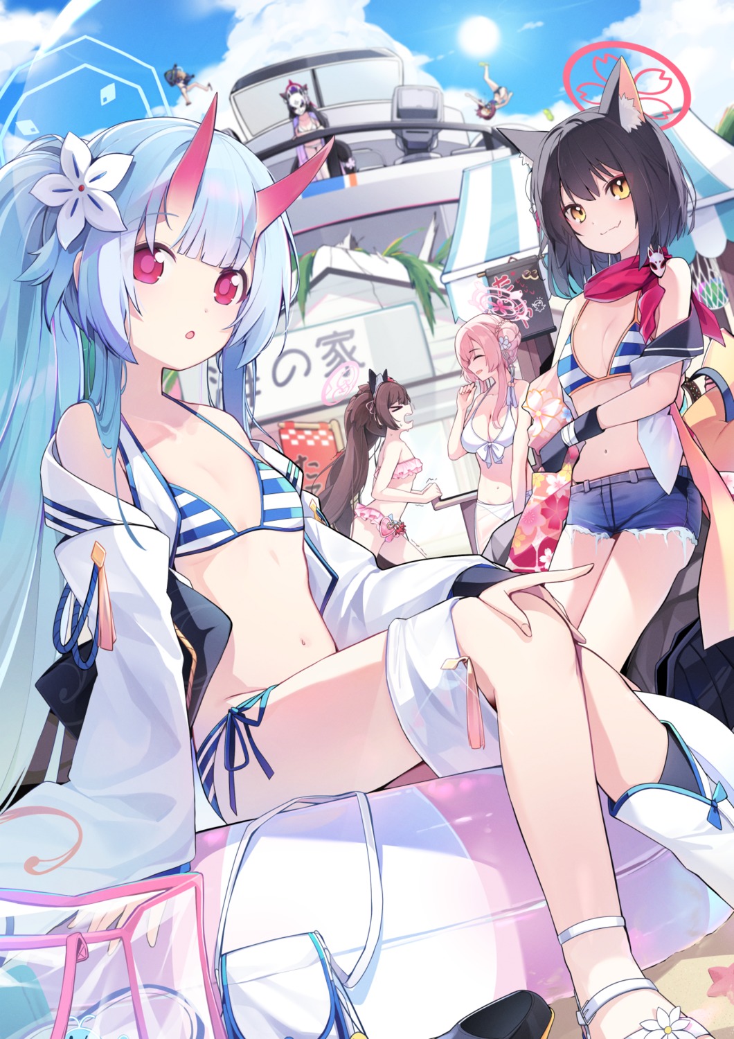 animal_ears, bikini, bikini_top, blue_archive, ddangbi, halo, horns, japanese_clothes