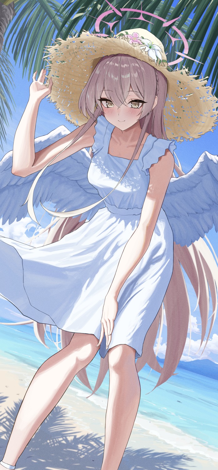 angel, blue_archive, bocchi_(kuropom7), dress, kirifuji_nagisa, skirt_lift, summer_dress, wings