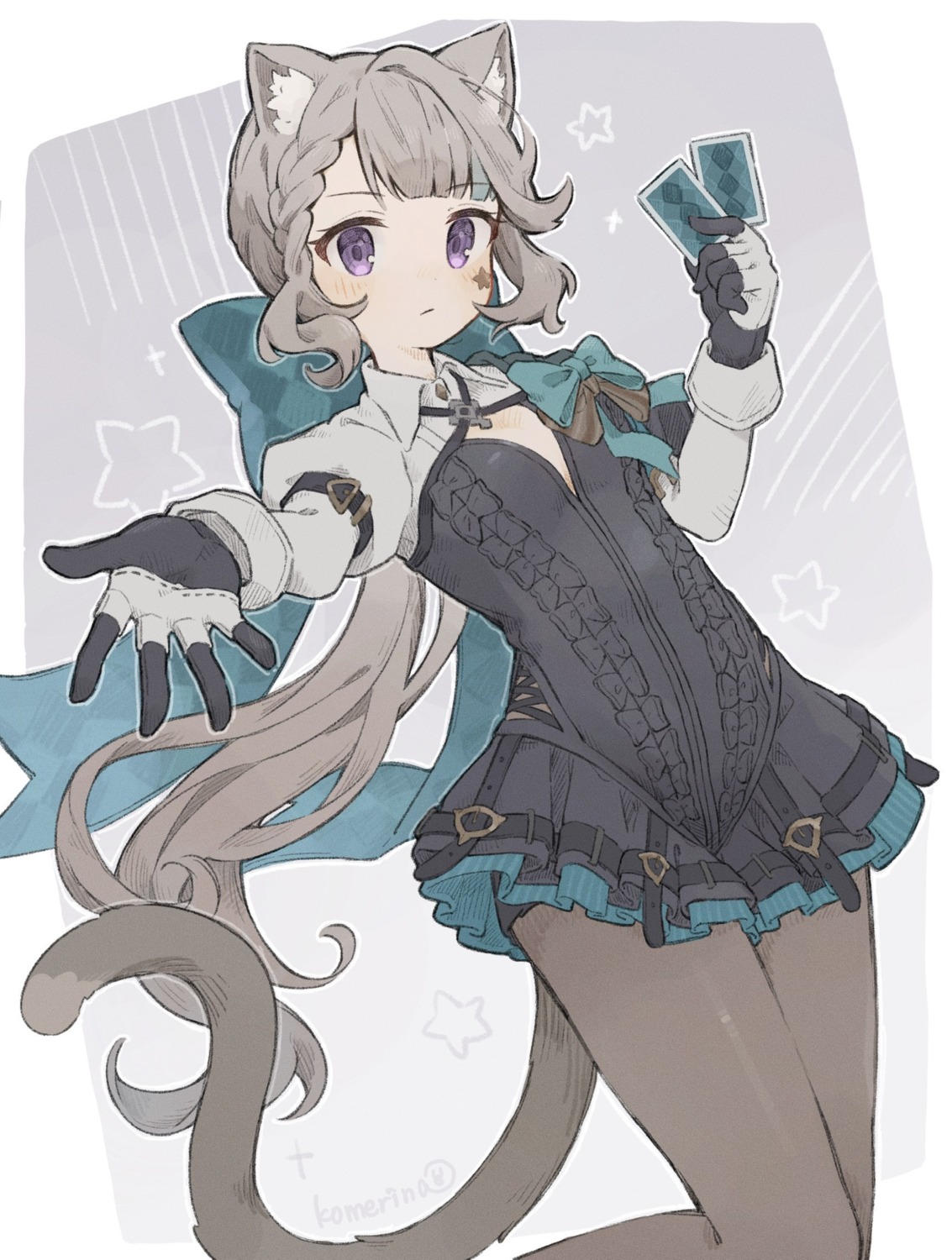 animal_ears, genshin_impact, komerina, lynette, nekomimi, no_bra, pantyhose, tail, tattoo