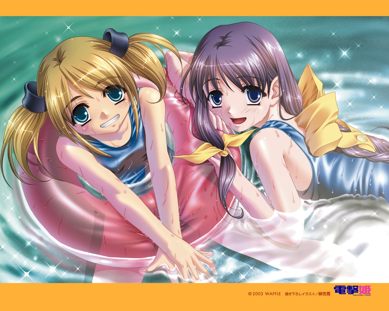 hiiro_yuki, kanmi_yoshino, nanashima_matsuri, school_swimsuit, swimsuits, waffle, wallpaper, wet