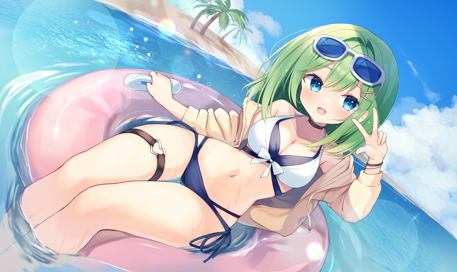 bikini, garter, megane, open_shirt, shirai_tanuki, swimsuits, takeda_emi, wet