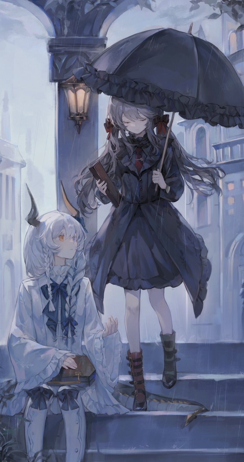 bu_jie_cha, detexted, heterochromia, horns, tail, thighhighs, umbrella, uniform