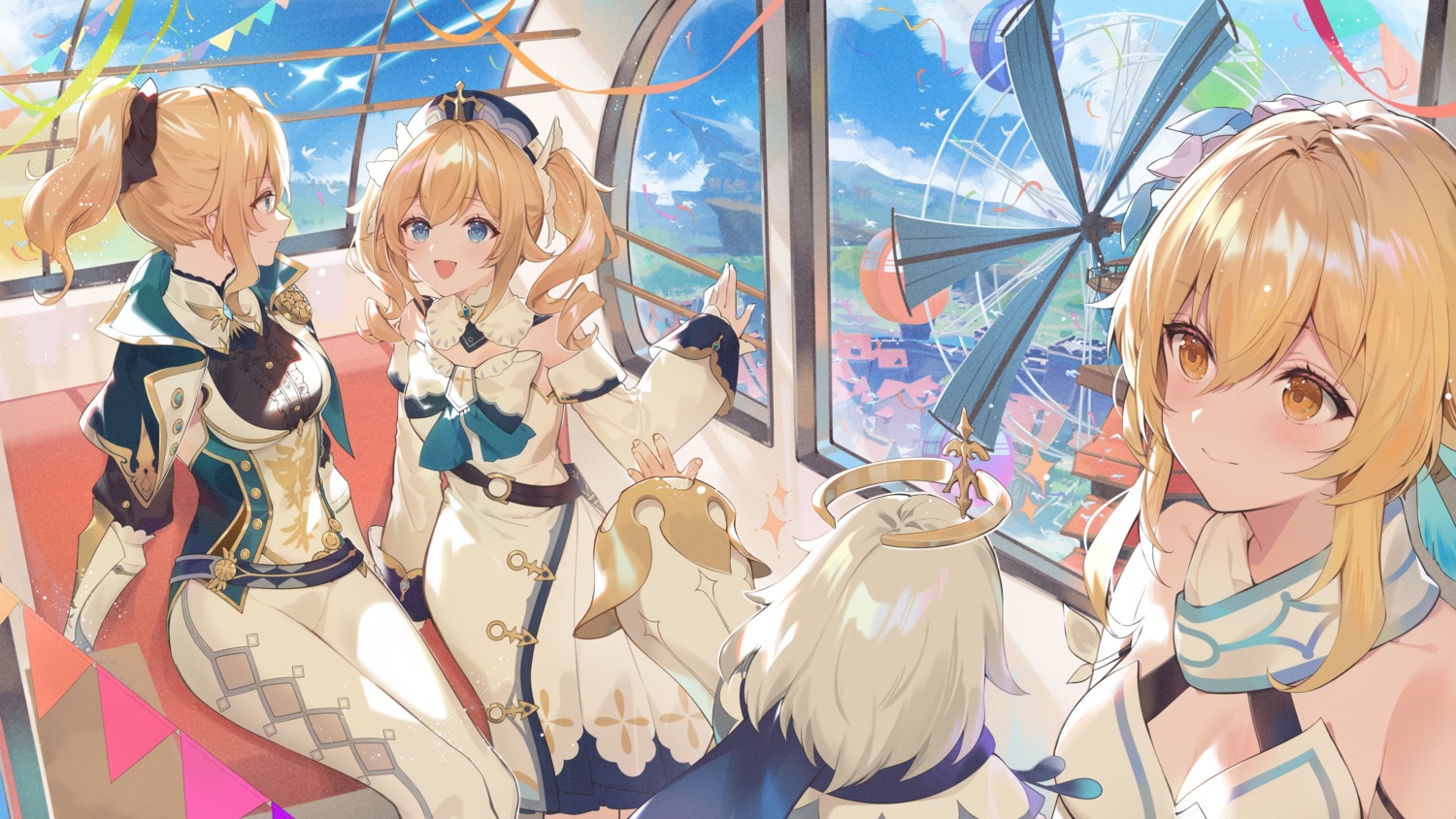 barbara_(genshin_impact), cleavage, dress, genshin_impact, jean_gunnhildr, lumine, necomi, paimon, uniform
