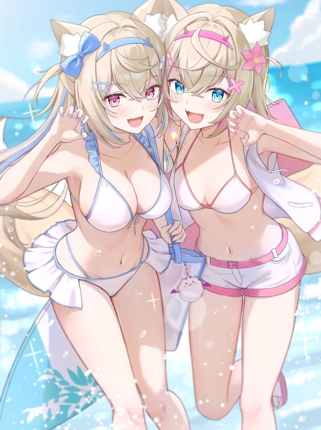 animal_ears, bandaid, bikini, fuwawa_abyssgard, hololive, hololive_english, horns, inumimi, mococo_abyssgard, open_shirt, photoshop, swimsuits, tail, tokisaka_makoto, wet