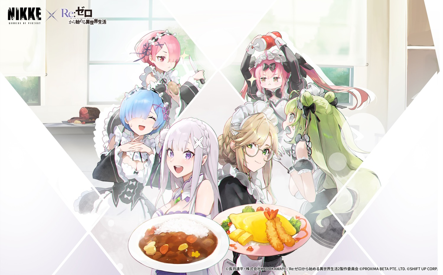 ade_(nikke), cocoa_(nikke), crossover, elf, emilia_(re_zero), goddess_of_victory:_nikke, maid, megane, no_bra, pointy_ears, ram_(re_zero), re:zero_kara_hajimeru_isekai_seikatsu, rem_(re_zero), soda_(nikke), tagme, wallpaper
