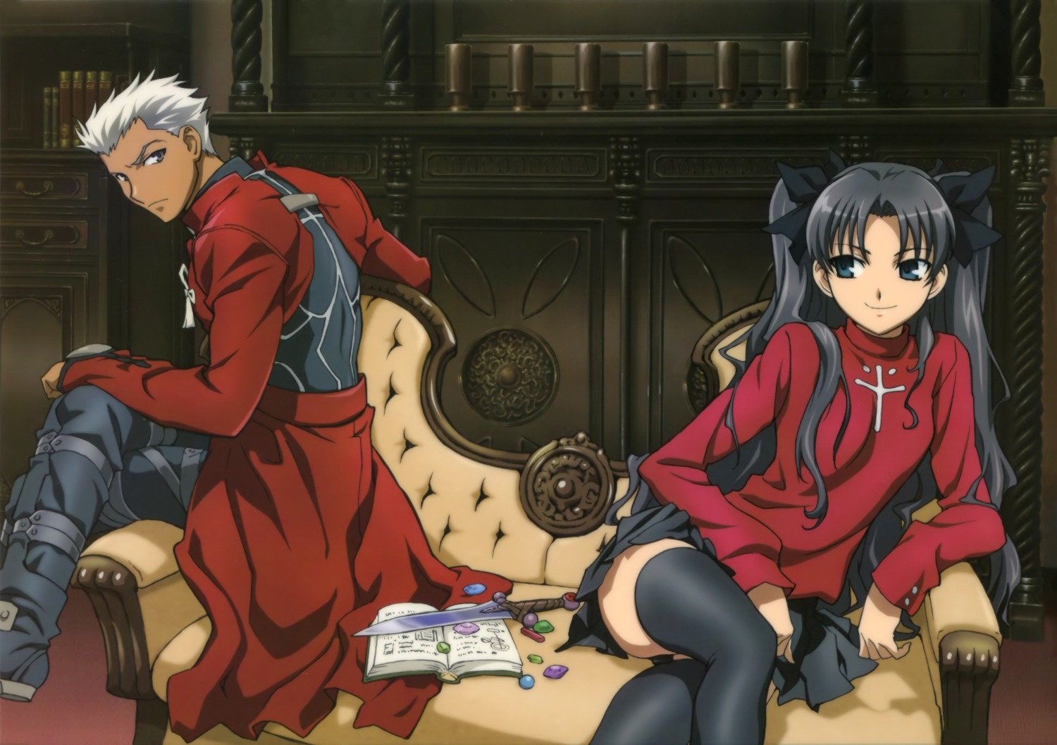 archer, fate/stay_night, nishimura_hiroyuki, thighhighs, toosaka_rin, weapon