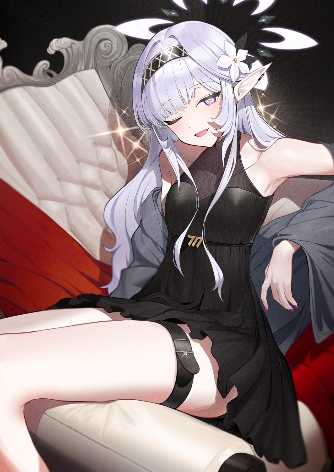 akeboshi_himari, blue_archive, dress, garter, halo, pointy_ears, see_through, skirt_lift