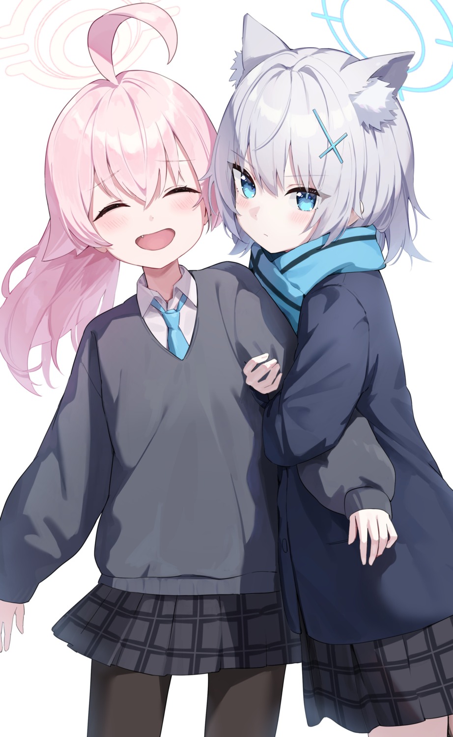 animal_ears, blue_archive, halo, nekomimi, pantyhose, seifuku, sunaookami_shiroko, sweater