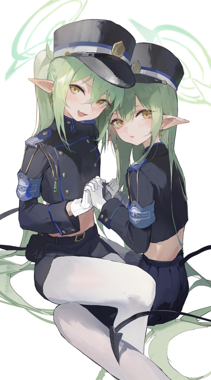 blue_archive, halo, pantyhose, pointy_ears, tachibana_hikari, tachibana_nozomi, tail, uniform