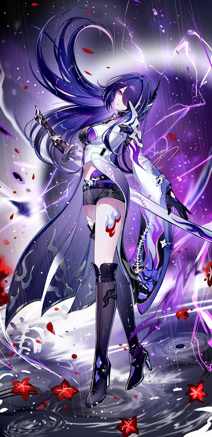 acheron, garter, heels, honkai:_star_rail, sheya, sword, tattoo, thighhighs