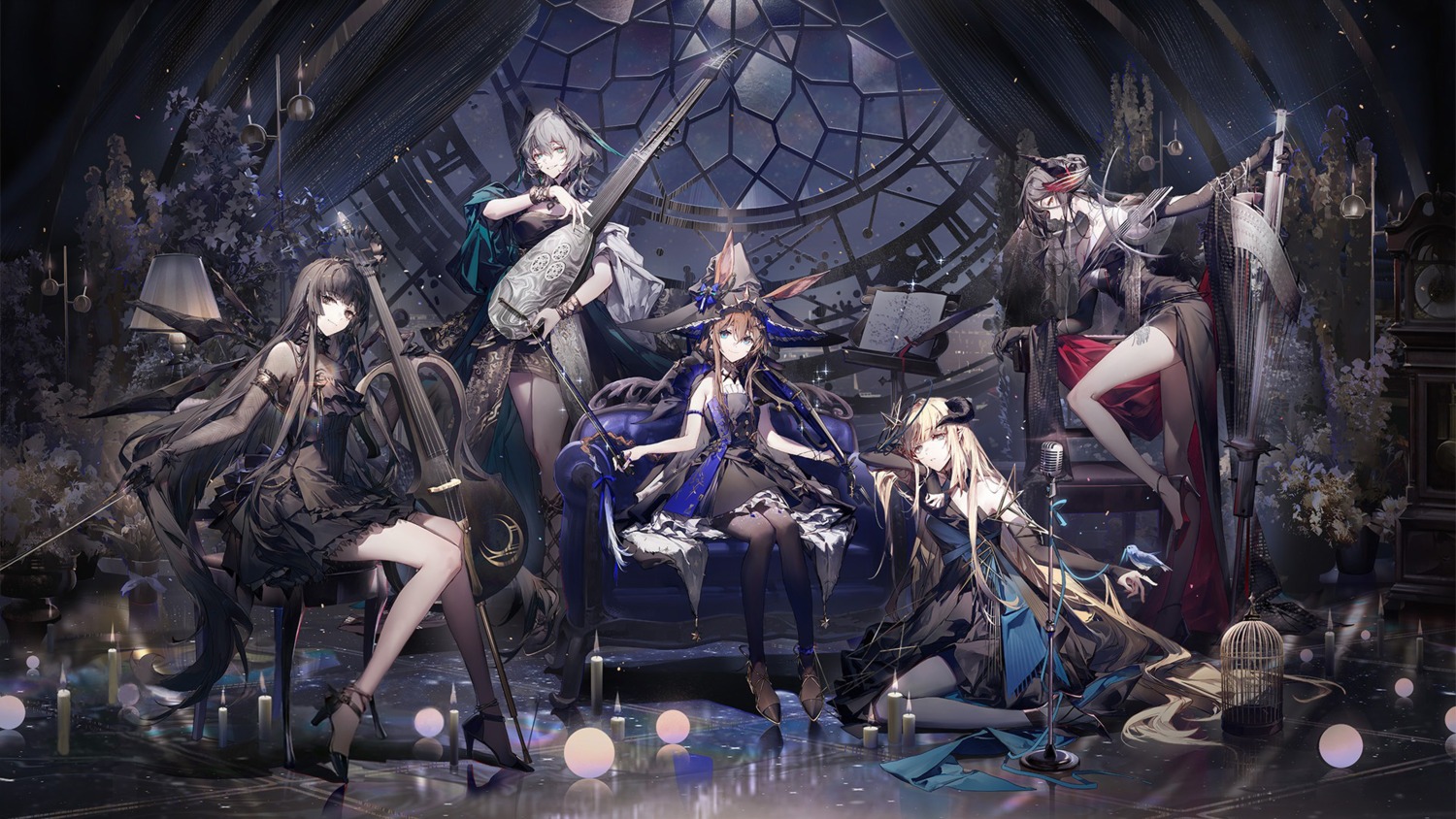 amiya_(arknights), angel, animal_ears, arknights, bunny_ears, detexted, dress, heels, ho'olheyak, horns, ines_(arknights), min_(120716), nightingale_(arknights), no_bra, pantyhose, umbrella, virtuosa_(arknights), wallpaper, wings, witch