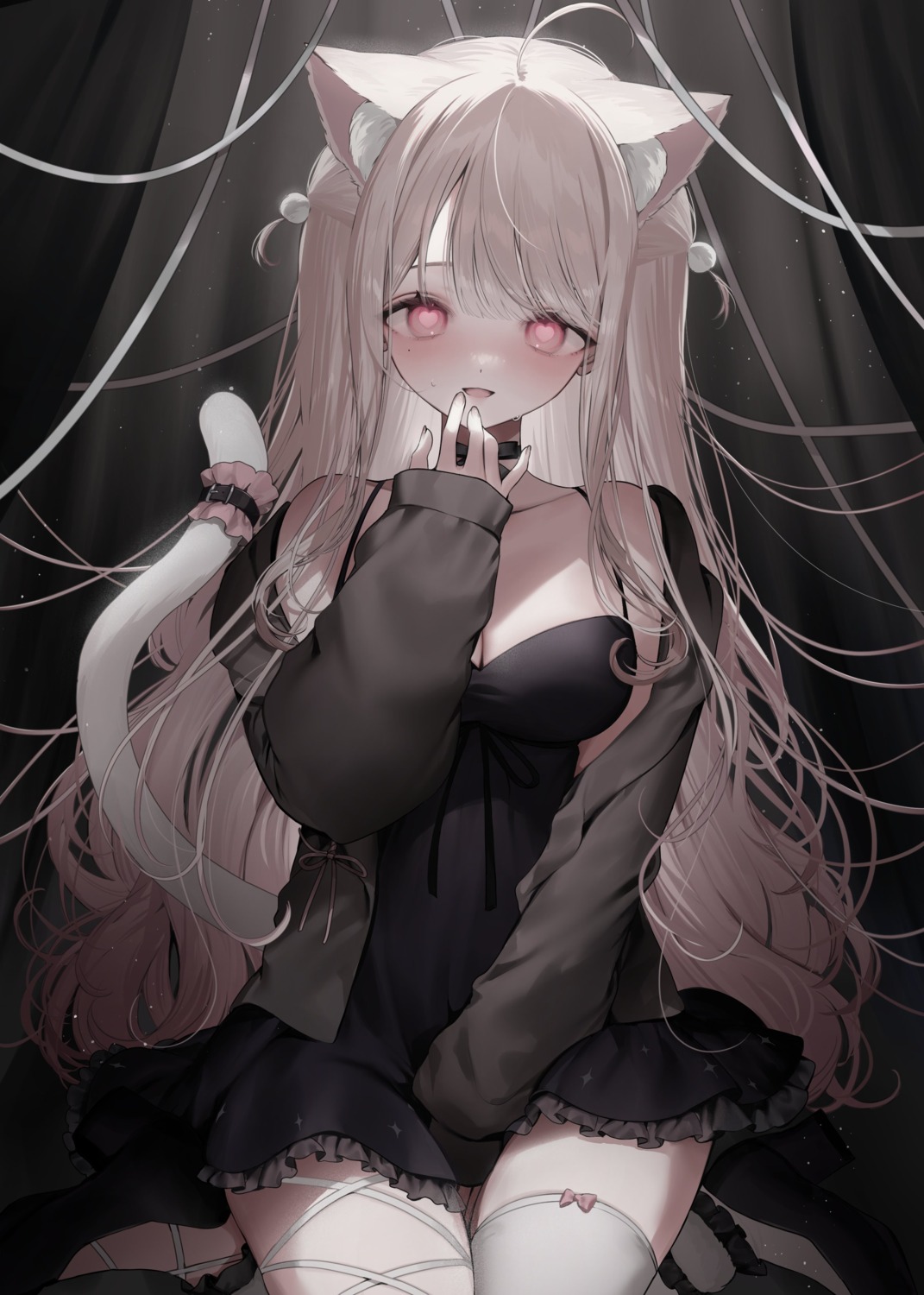 animal_ears, dress, garter, heels, indie_virtual_youtuber, nekomimi, tail, thighhighs