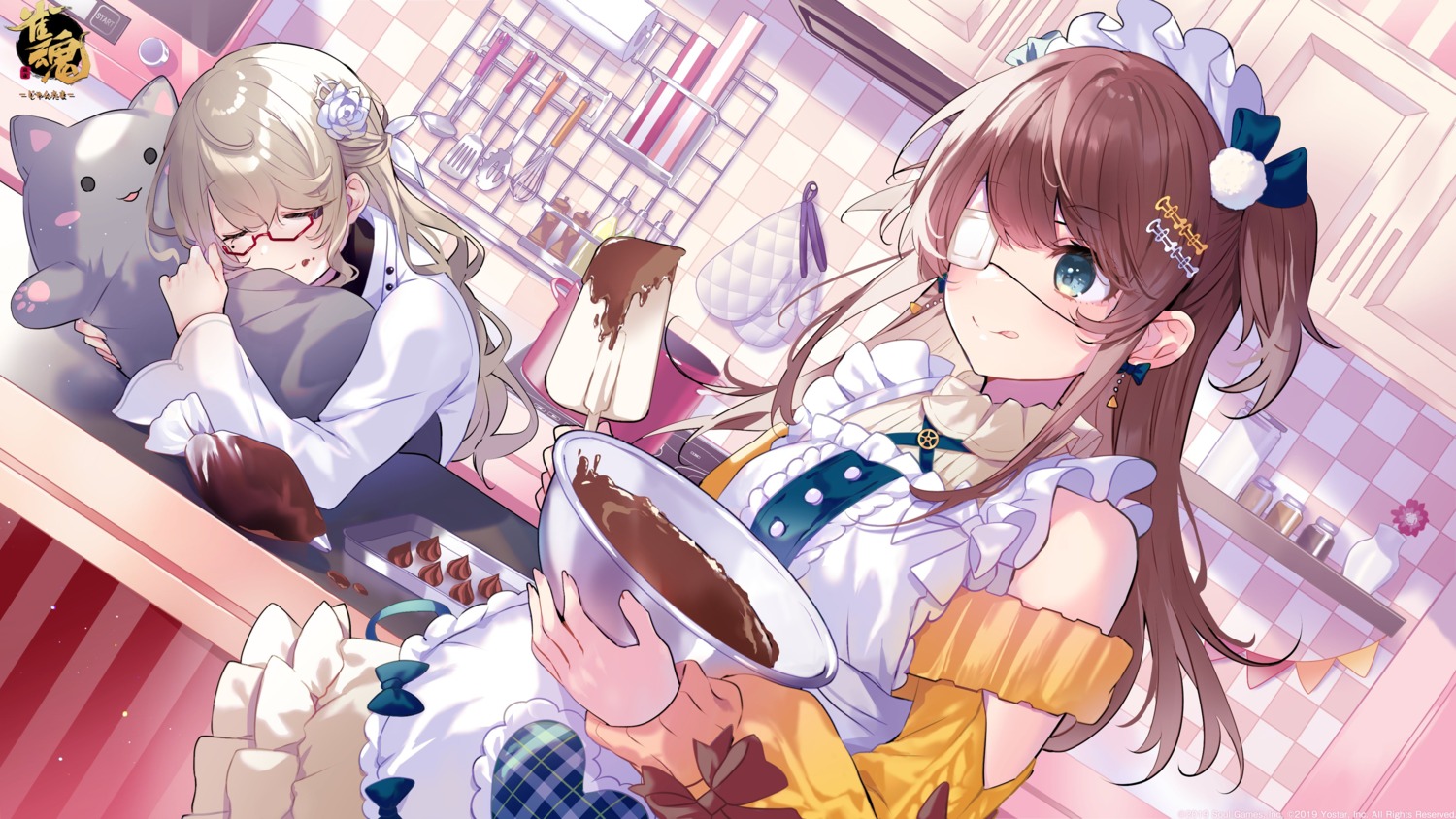 cream, eyepatch, kisaragi_ayane, majsoul, megane, saine, shinomiya_fuyumi, sweater, valentine