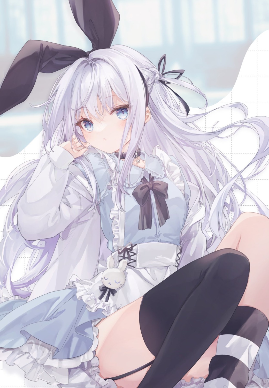 animal_ears, bloomers, bunny_ears, dress, skirt_lift, stockings, thighhighs, ukishizumi