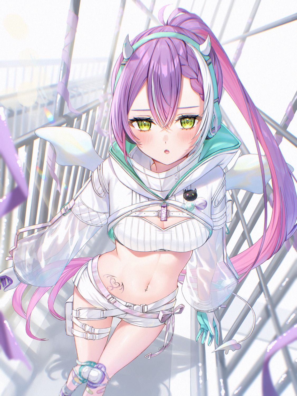 bandaid, cleavage, garter, headphones, hololive, horns, runlan_0329, see_through