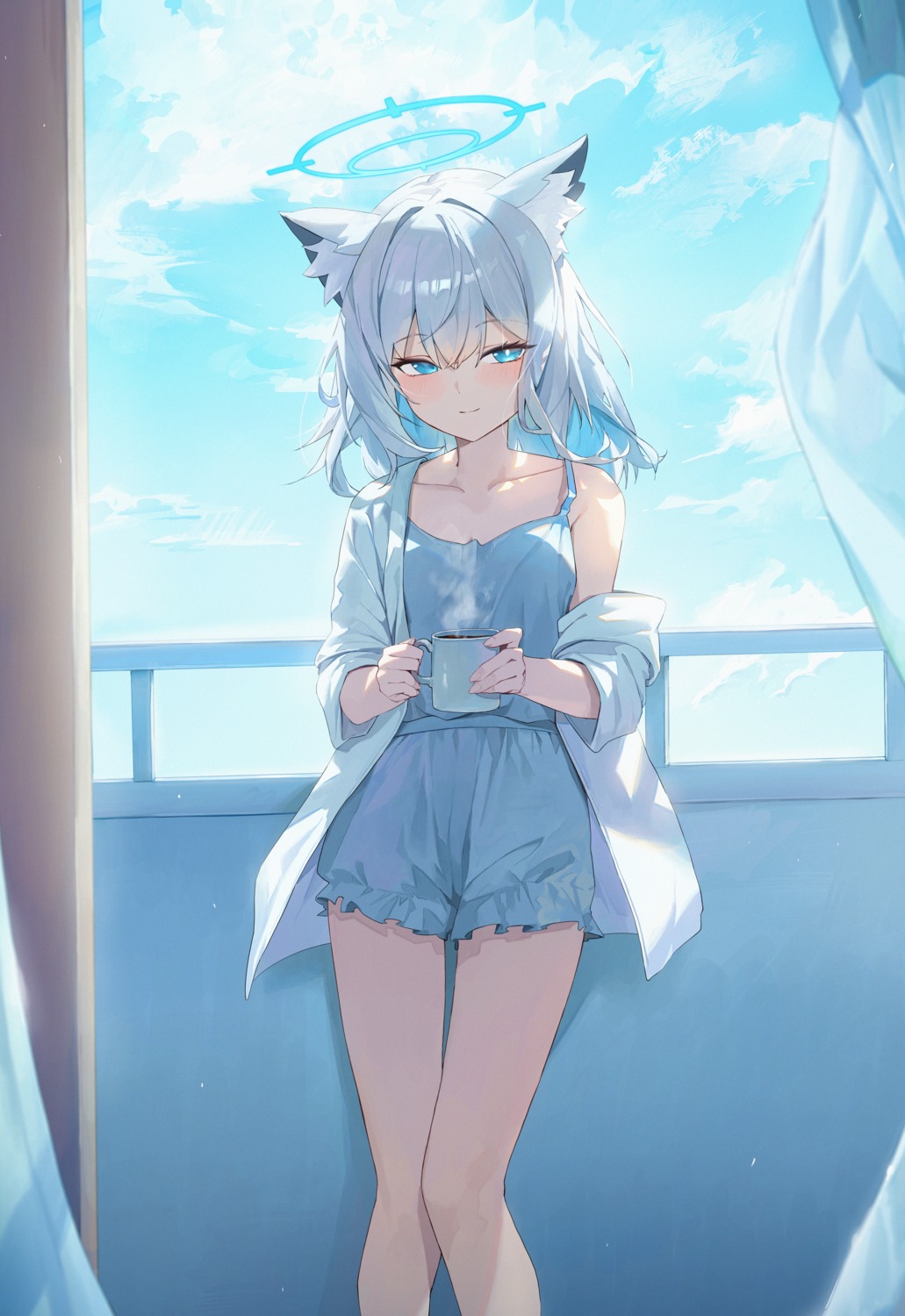 animal_ears, blue_archive, enokinoko1010, halo, nekomimi, pajama, sunaookami_shiroko