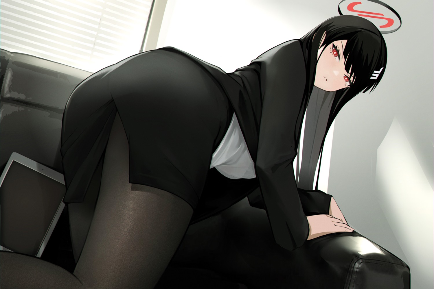 ass, blackcat_enjia, blue_archive, business_suit, halo, pantyhose, tsukatsuki_rio