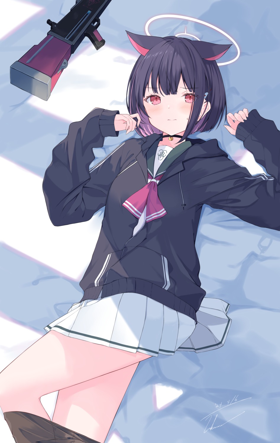 animal_ears, blue_archive, gun, halo, kyouyama_kazusa, nekomimi, pantyhose, seifuku