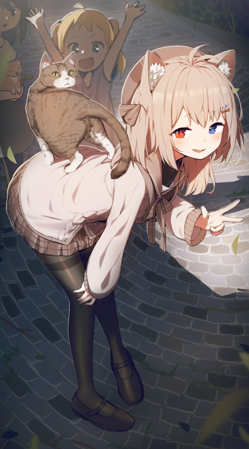 animal_ears, heterochromia, hoplitx, neko, nekomimi, pantyhose, seifuku, sweater