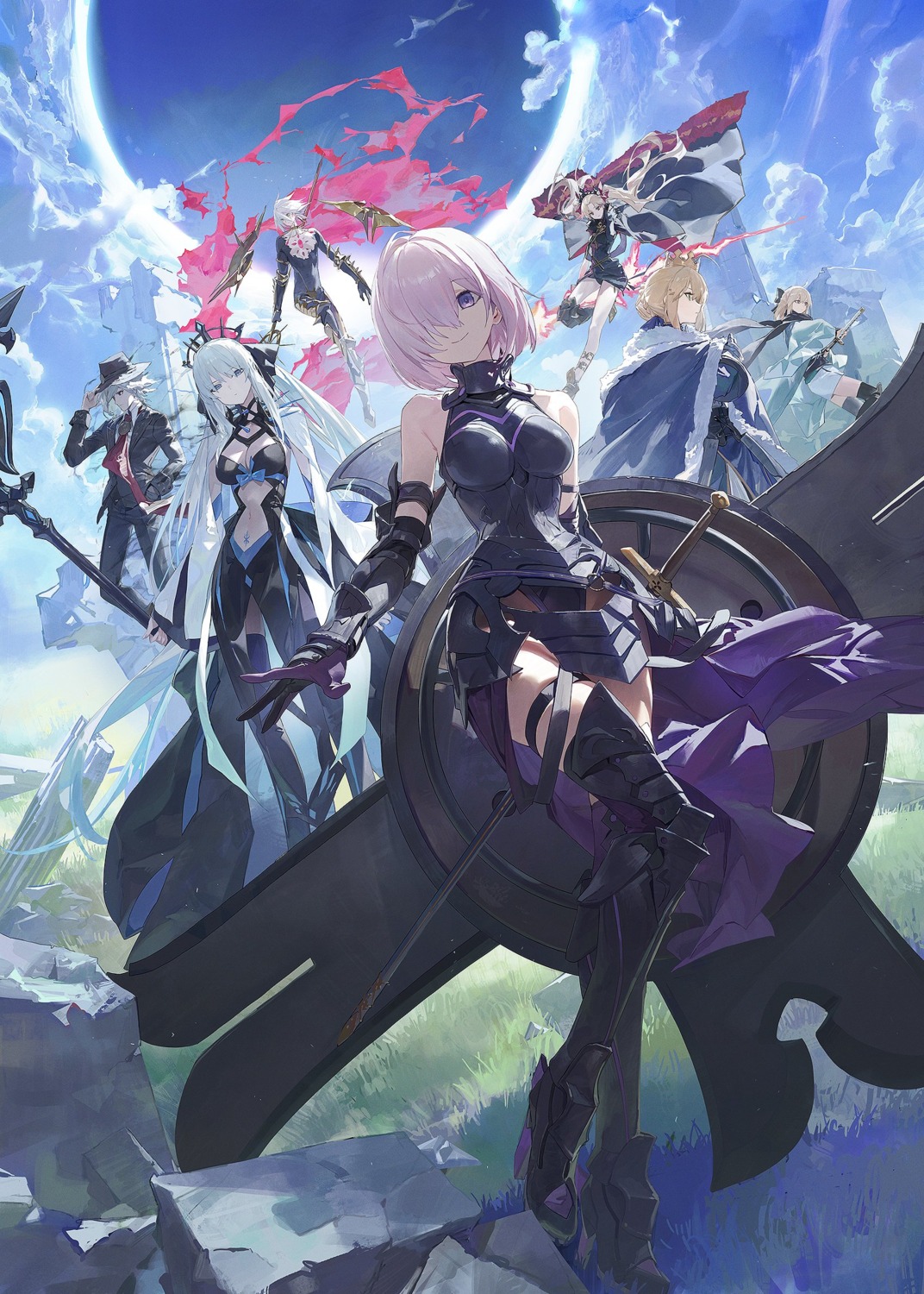 armor, artoria_pendragon_(fate), edmond_dantes_(fate/grand_order), ereshkigal_(fate), fate/grand_order, garter, heels, japanese_clothes, karna_(fate), mash_kyrielight, modare, morgan_le_fay_(fate), okita_souji_(fate), sword, thighhighs, weapon