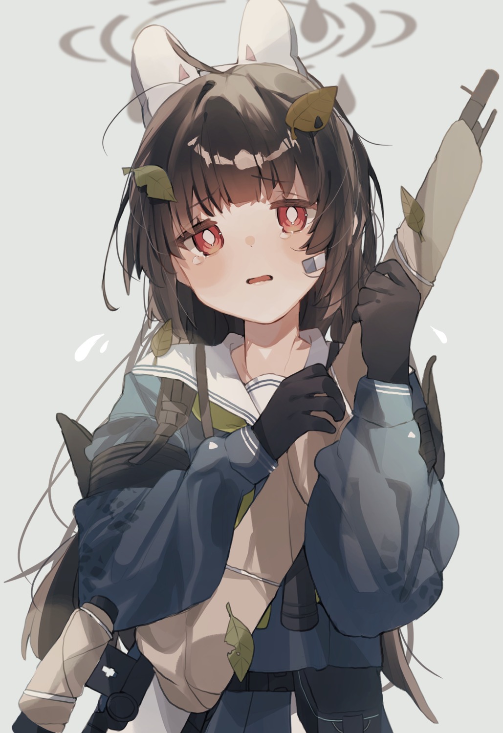 animal_ears, bandaid, blue_archive, bunny_ears, gominami, gun, halo, kasumizawa_miyu, seifuku