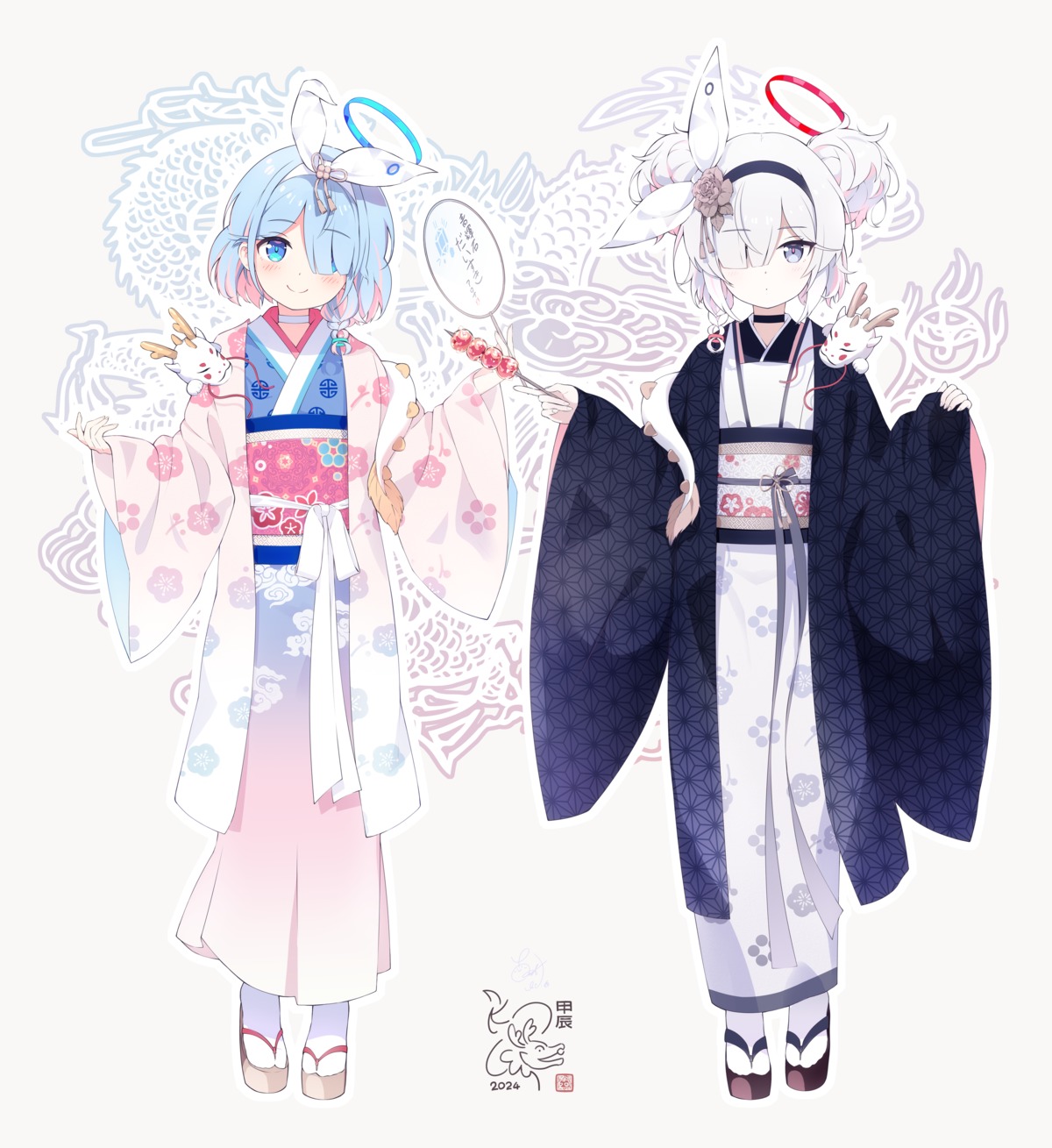 arona_(blue_archive), blue_archive, halo, i-tsd, japanese_clothes, kimono, plana_(blue_archive)