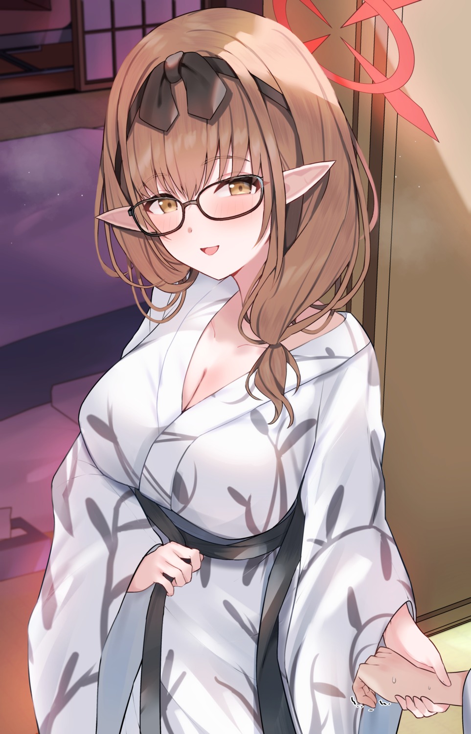 blue_archive, cleavage, halo, hinomiya_chinatsu, megane, mi_taro333, pointy_ears, yukata