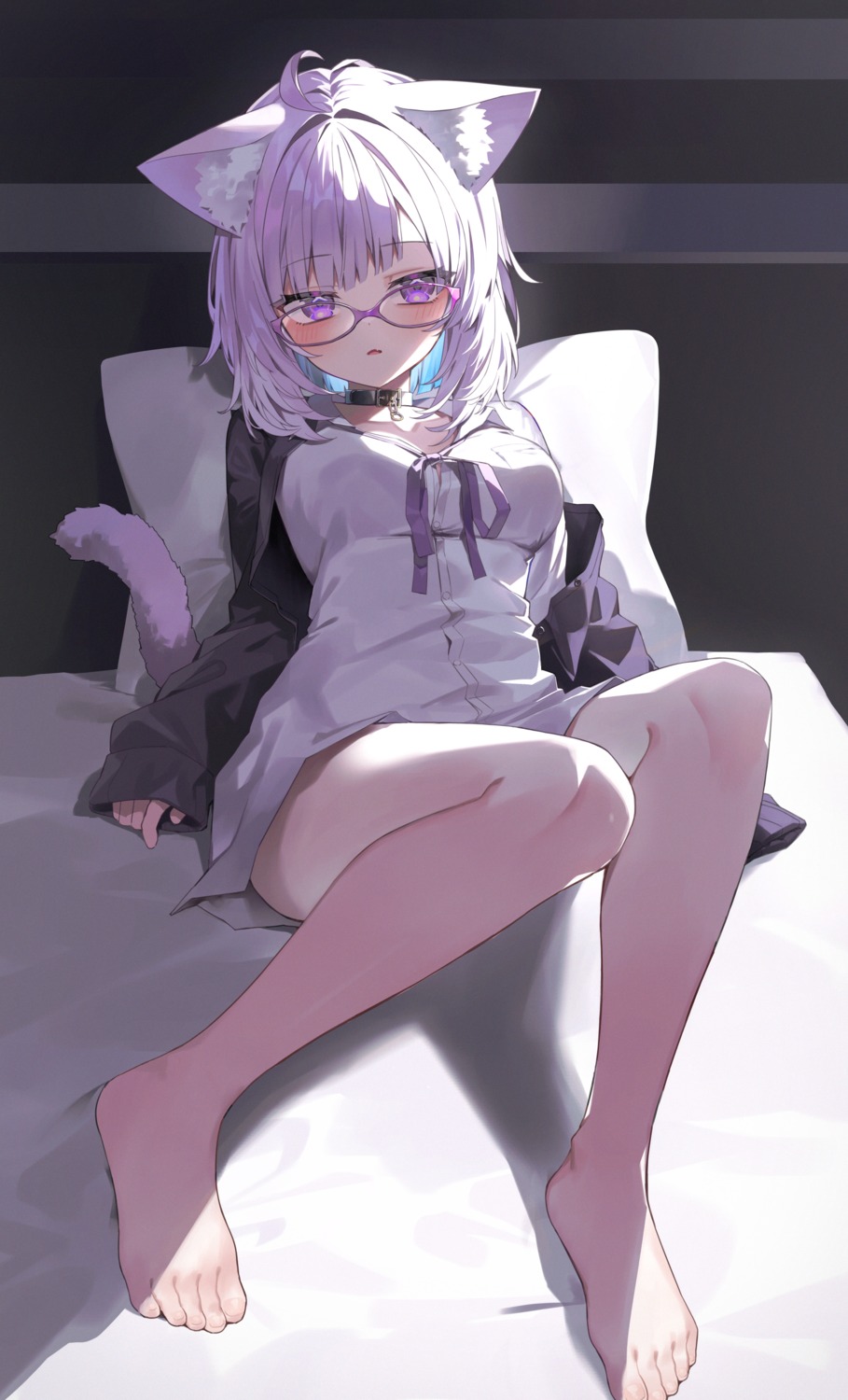 animal_ears, dress_shirt, hololive, hololive_gamers, kanase_(mcbrwn18), megane, nekomata_okayu, nekomimi