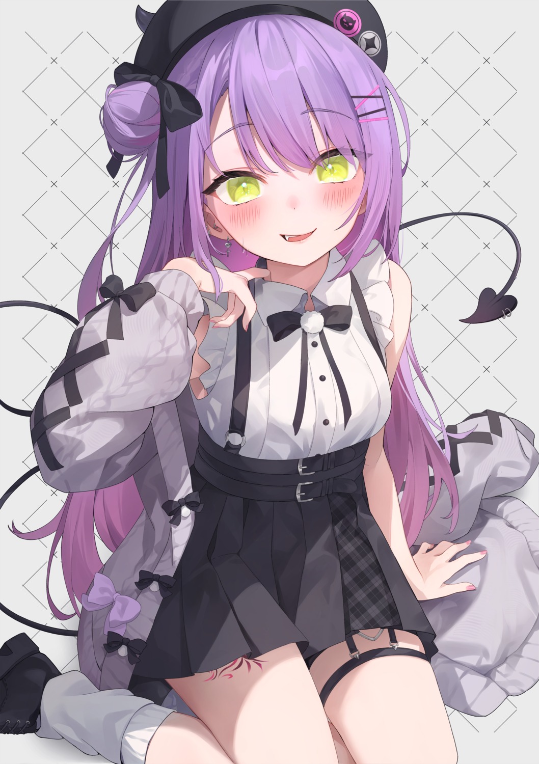 devil, garter, hololive, horns, ruien, sweater, tail, tattoo