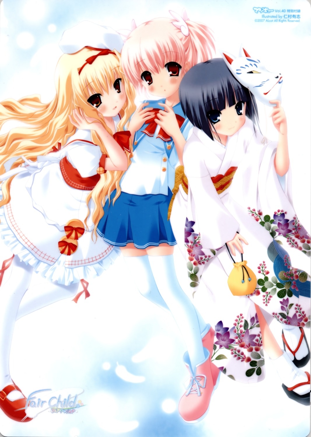 aizawa_tobari, alcot, arisugawa_yuuhi, dress, fair_child, hazumi_kotori, nimura_yuuji, seifuku, thighhighs, yukata
