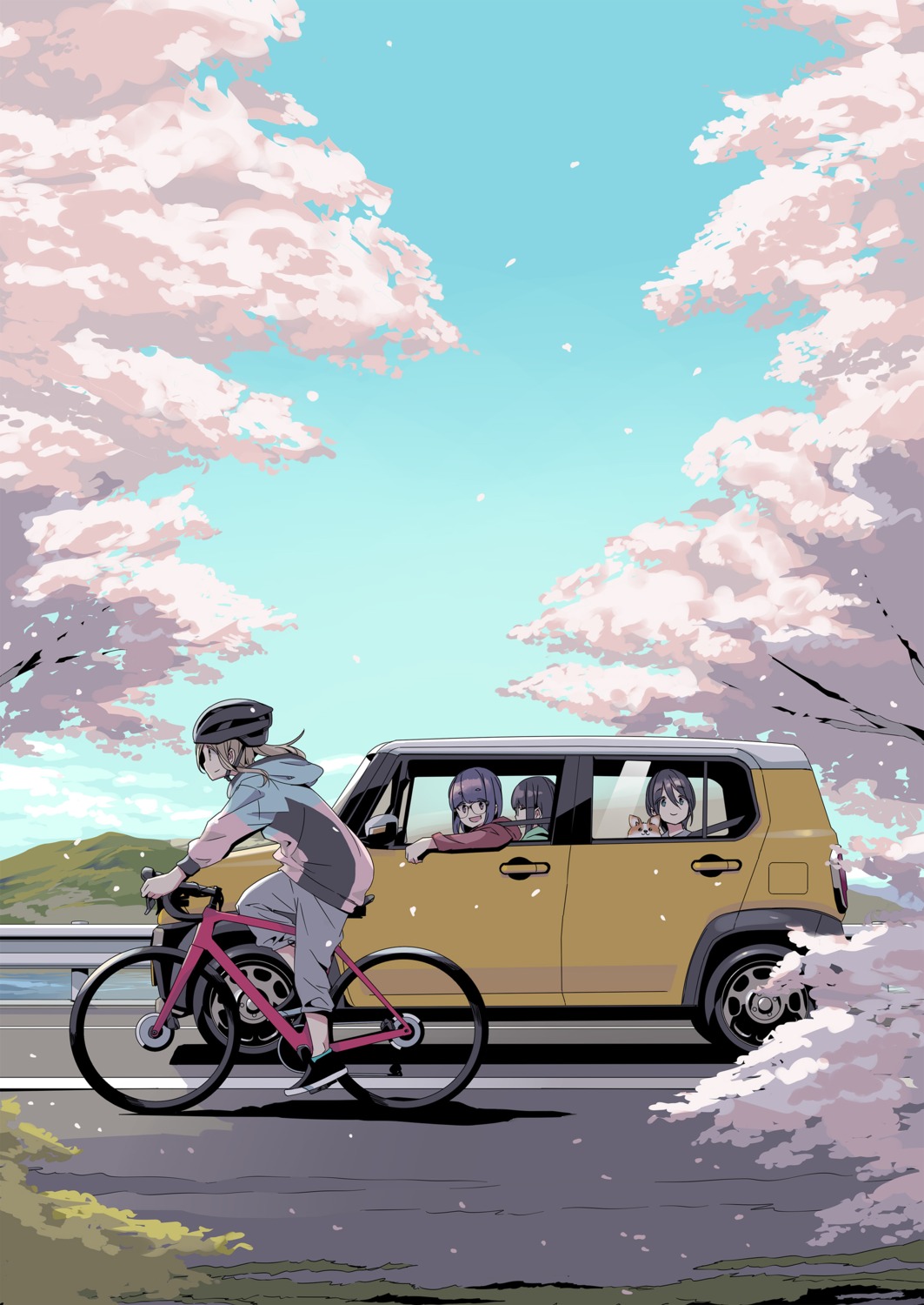 afro, inuyama_aoi, landscape, megane, oogaki_chiaki, saitou_ena, toba_minami, yurucamp