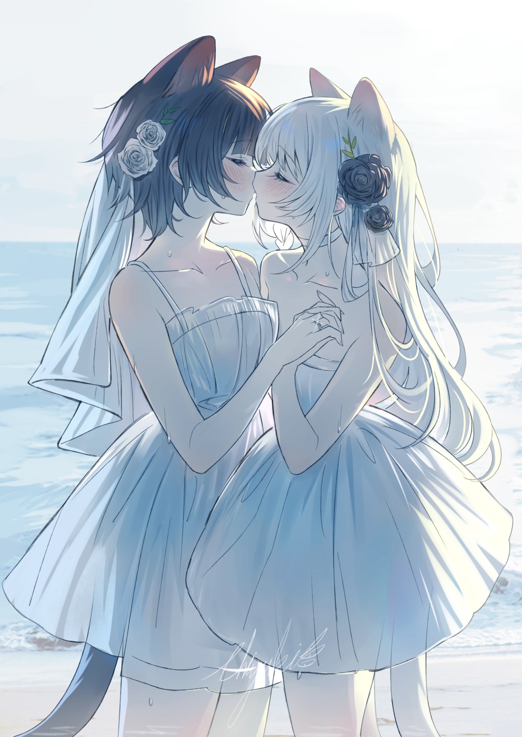 animal_ears, chiyuki, dress, nekomimi, see_through, tail, wedding_dress, yuri