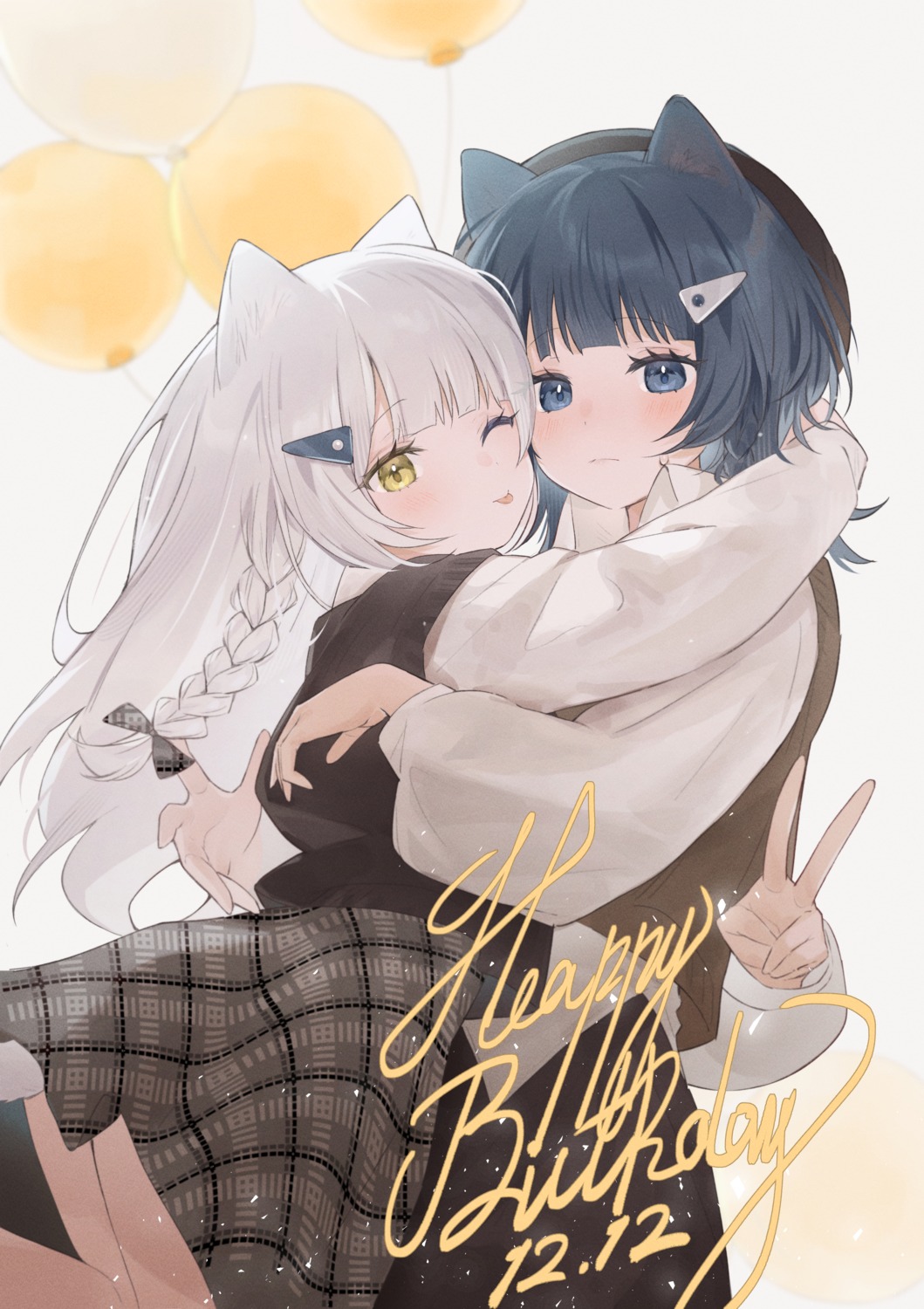 animal_ears, chiyuki, nekomimi, skirt_lift, sweater, tail, yuri
